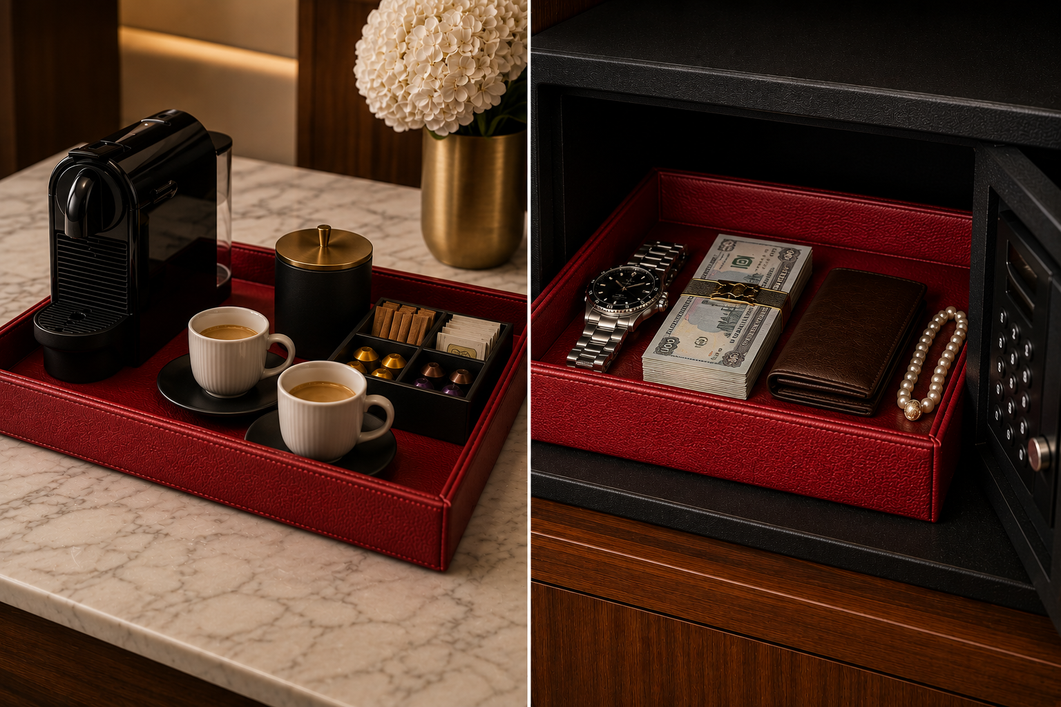 ORVA plant-based leather coffee station tray and safe tray for hotels — B2B hospitality accessories supplier, Middle East, GCC, Europe, Africa, UK